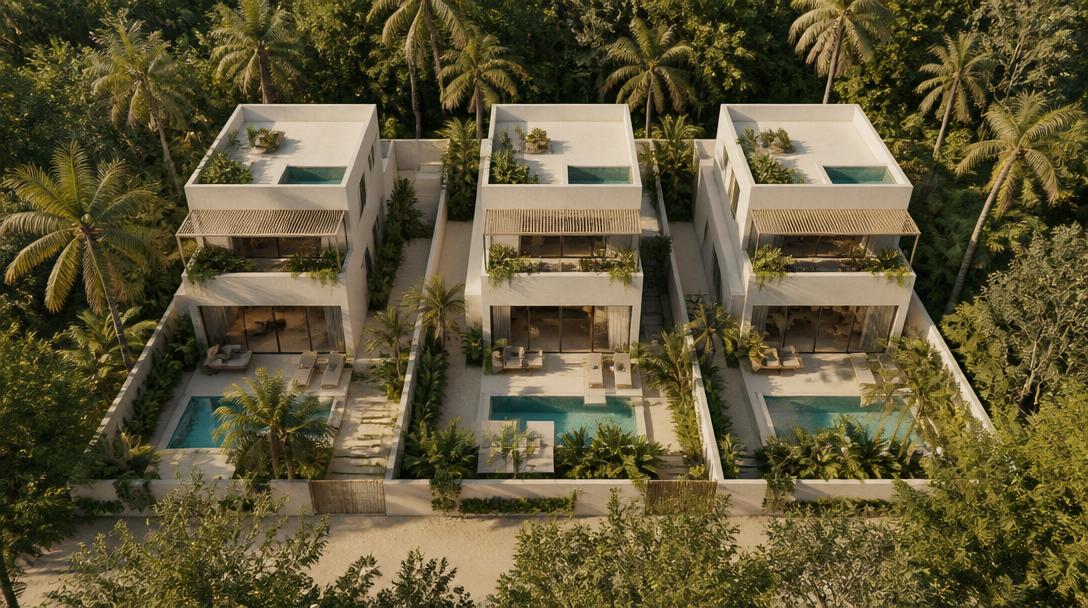Vista aérea de tres villas premium en un entorno tropical de la Riviera Maya.