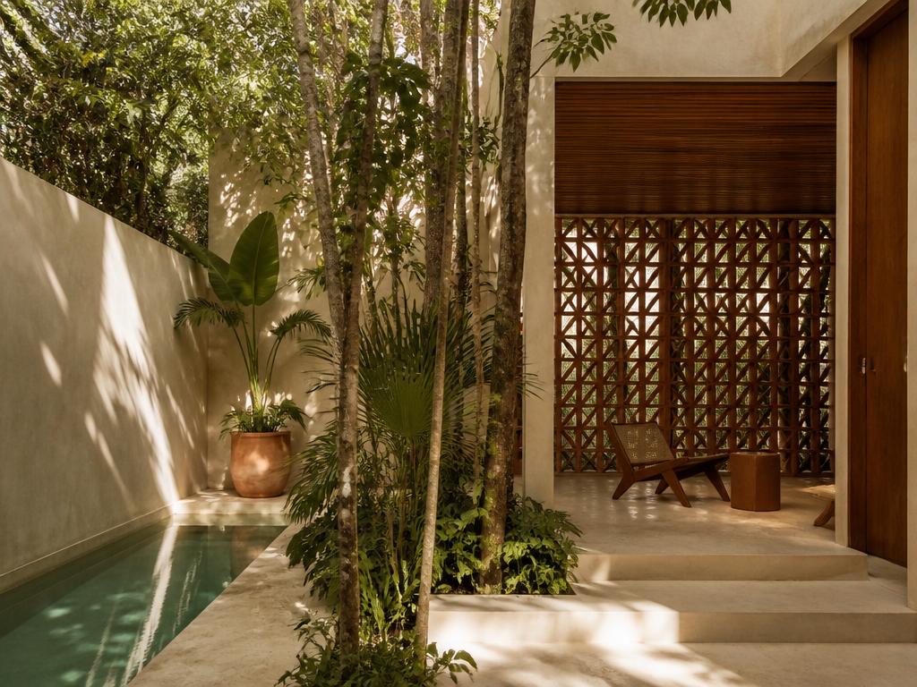 Vista serena de una residencia privada en la selva de Tulum, con materiales naturales y vegetación tropical.